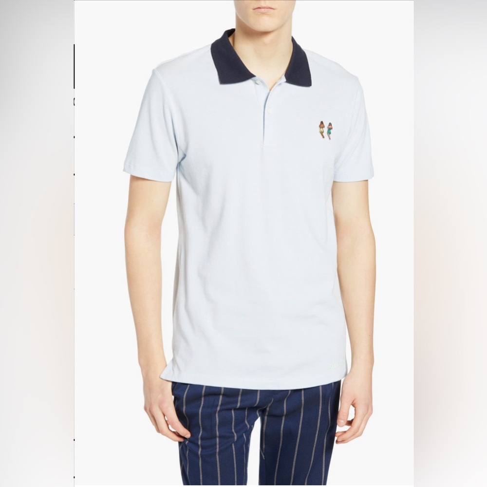 Men’s Scotch & Soda ‘Hula Appliqué Pique Polo’ in ‘blue melange’ color, size XL